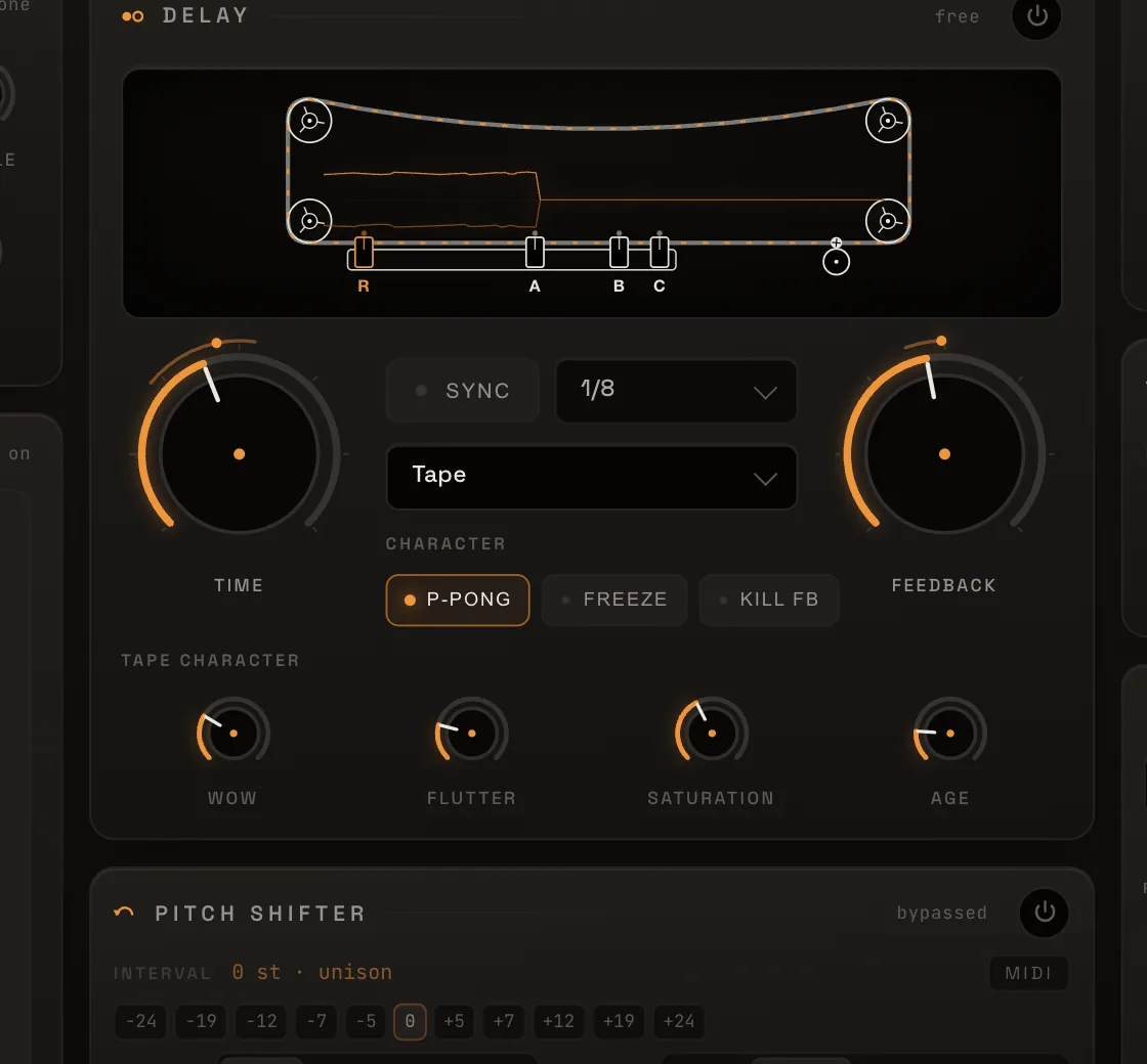 The delay section with the character selector and the pitch interval row