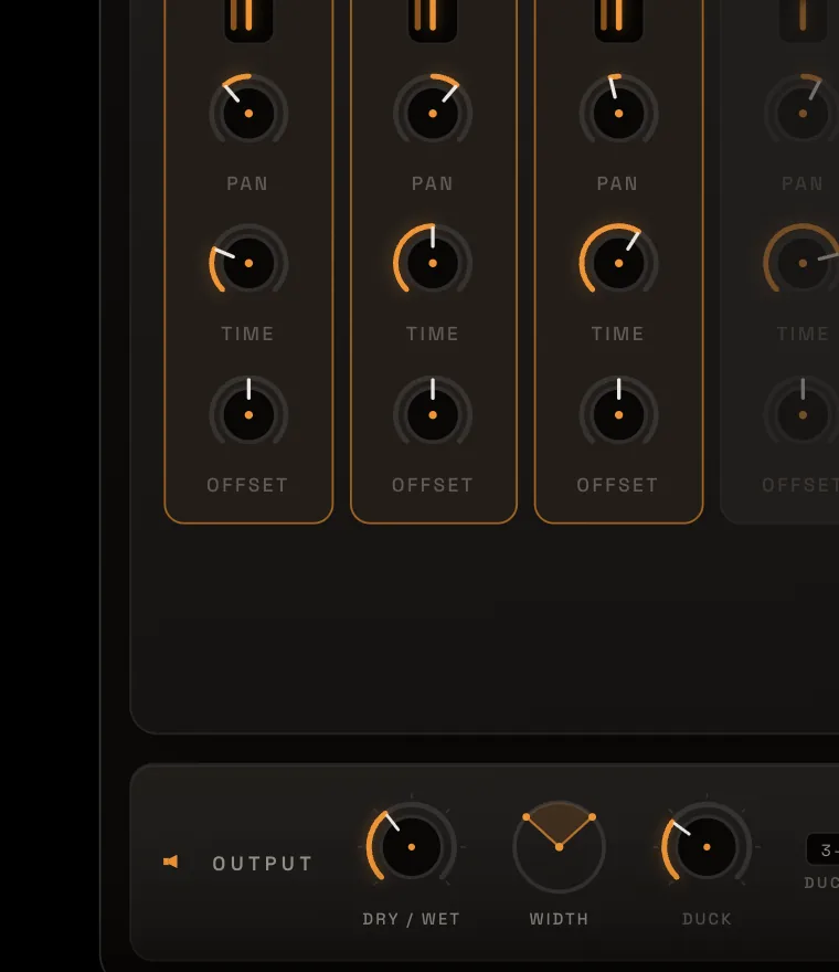 The four playback head strips, each with its own level, pan and time