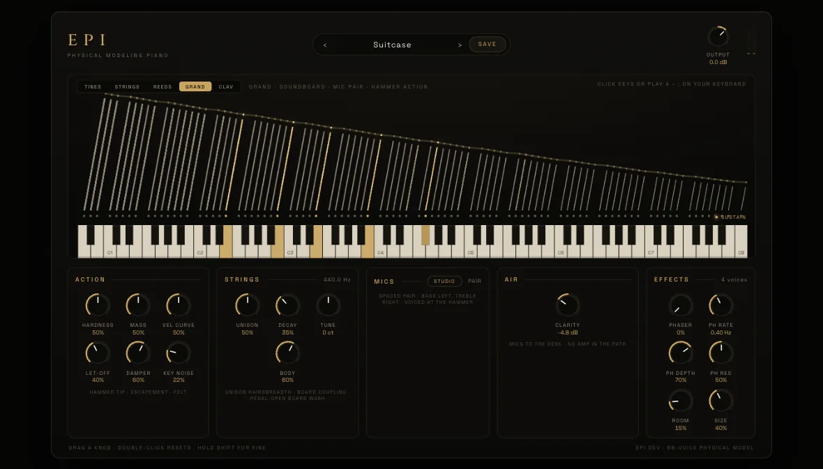The acoustic grand: the soundboard, the string bank and the spaced microphone pair