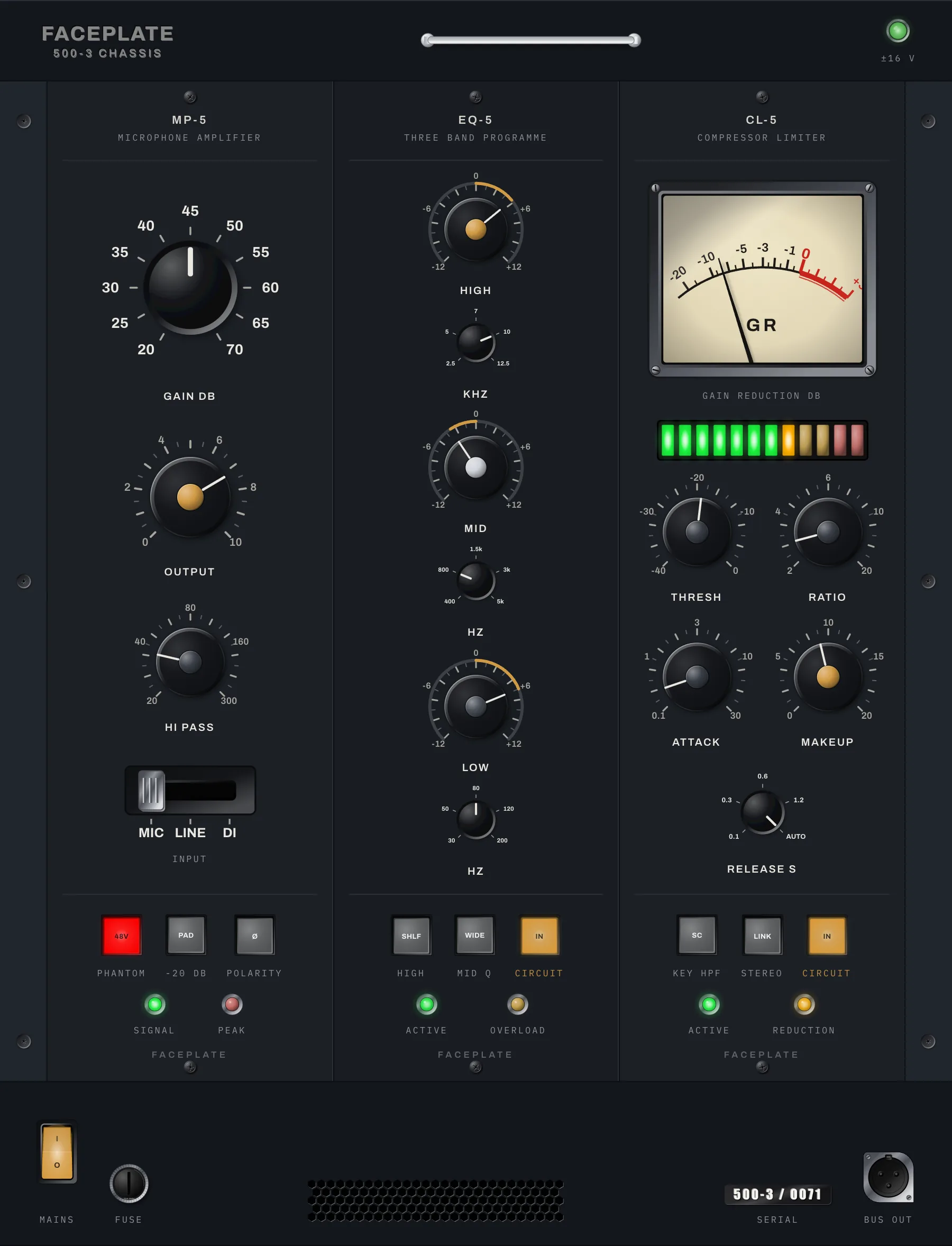 Three 500-series modules: Narrow panels in a rack frame: a preamp with a stepped gain switch, an equaliser, a compressor.