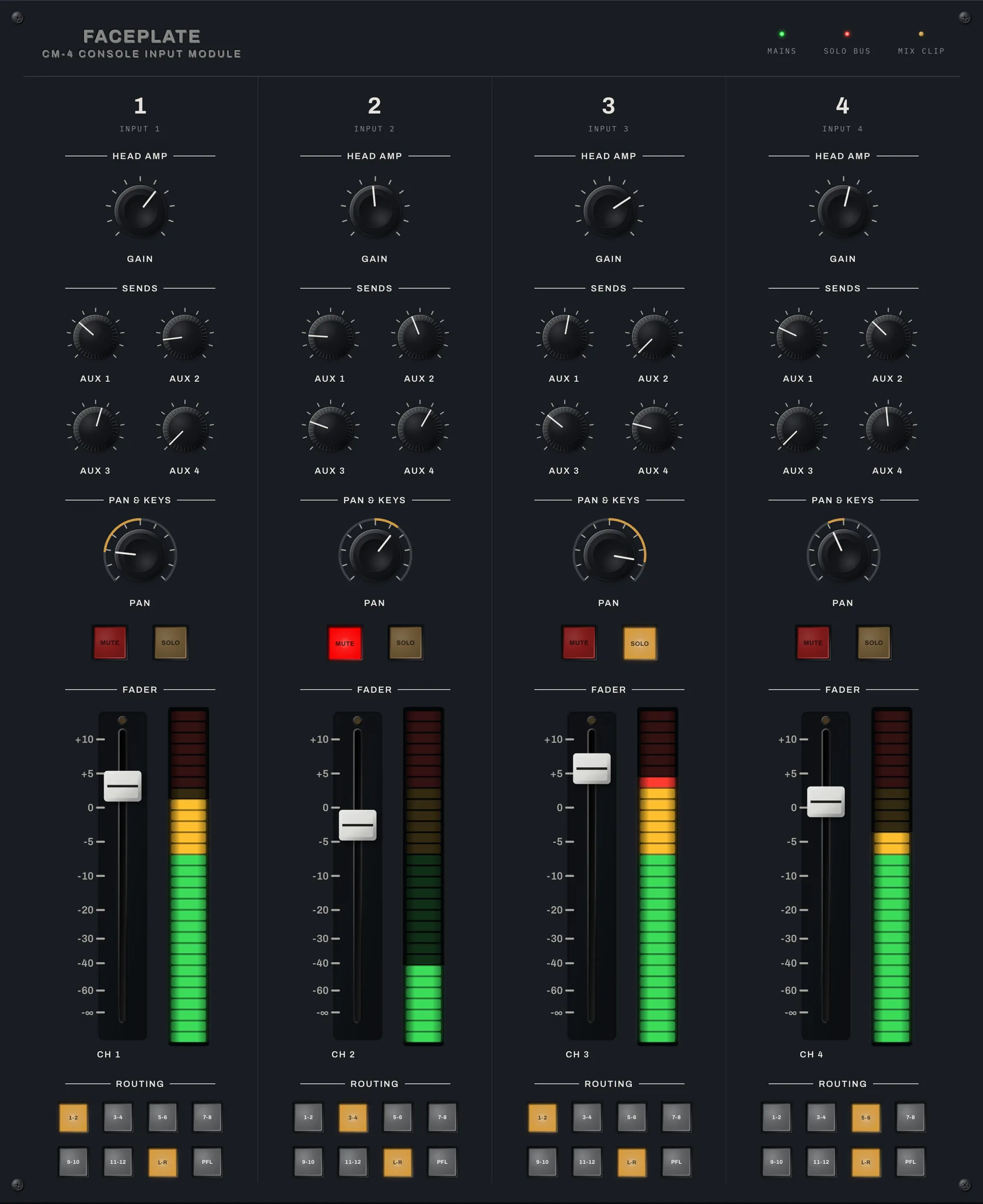 Four console channel strips: Long-throw faders with the console taper printed beside them, pan, sends, mute and solo.