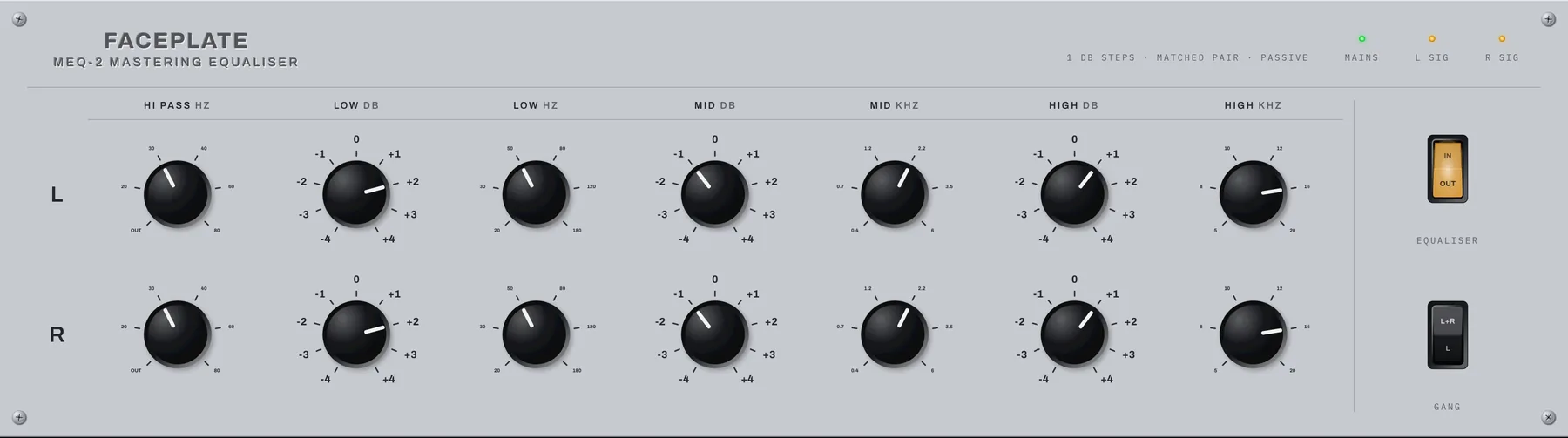 Mastering equaliser: Matched channels of stepped rotary switches with numbered legends around them, which is the detail that makes a mastering EQ look like one.