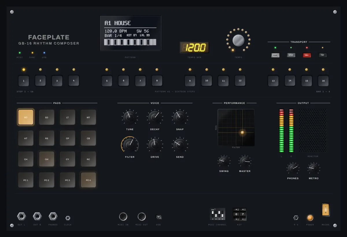 Groovebox: Sixteen steps marching in time, pads lighting as they hit, an encoder ring following the tempo. The sequencer runs on the same frame loop as everything else.