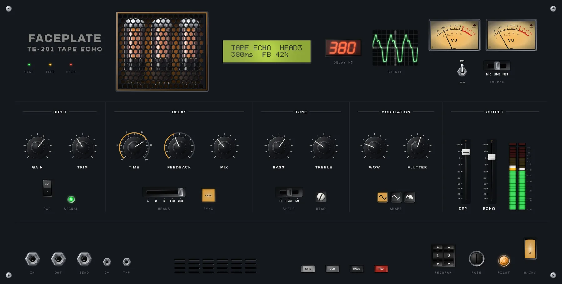 A complete front panel built from Faceplate elements: engraved nameplate, knobs with skirt scales, illuminated buttons, a VU pair, a character display and a valve window