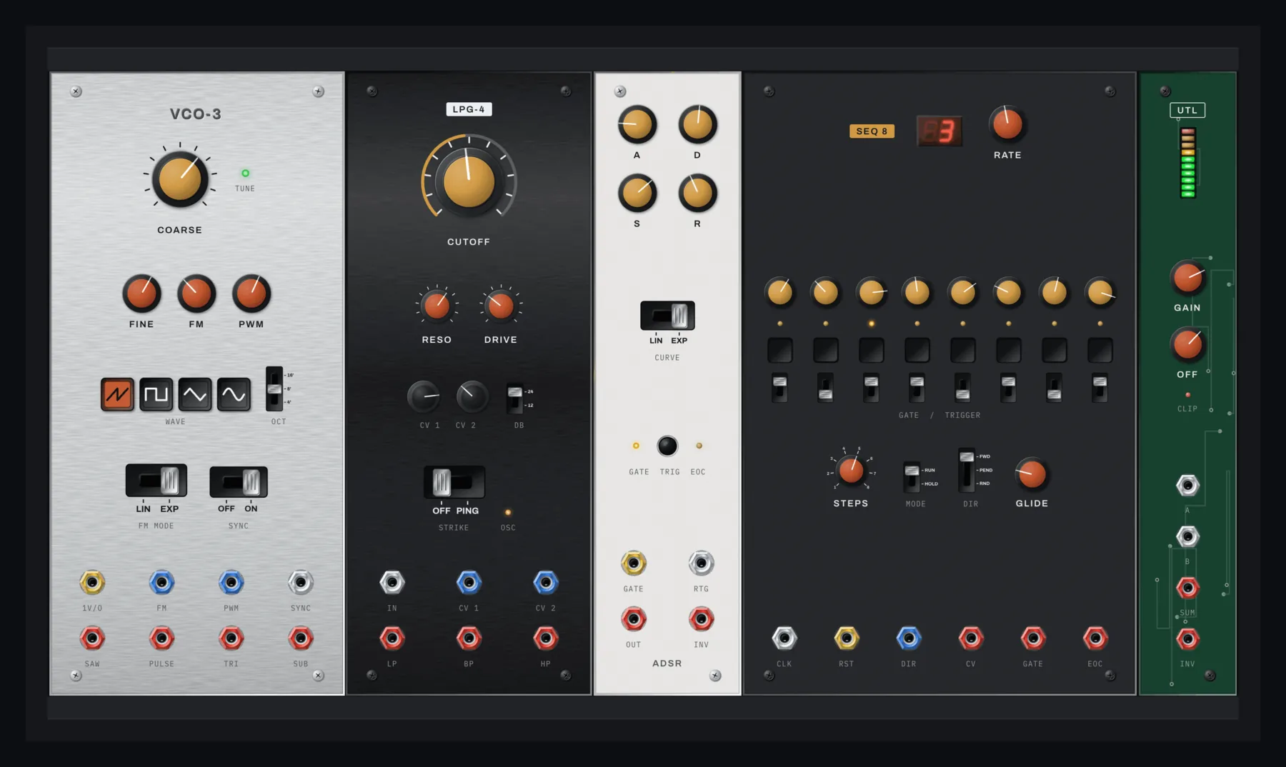 A case of eurorack modules: Silver panels of five different widths, coloured soft-touch caps, tuning LEDs and rows of 3.5 mm jacks whose nuts you can colour to match the panel.