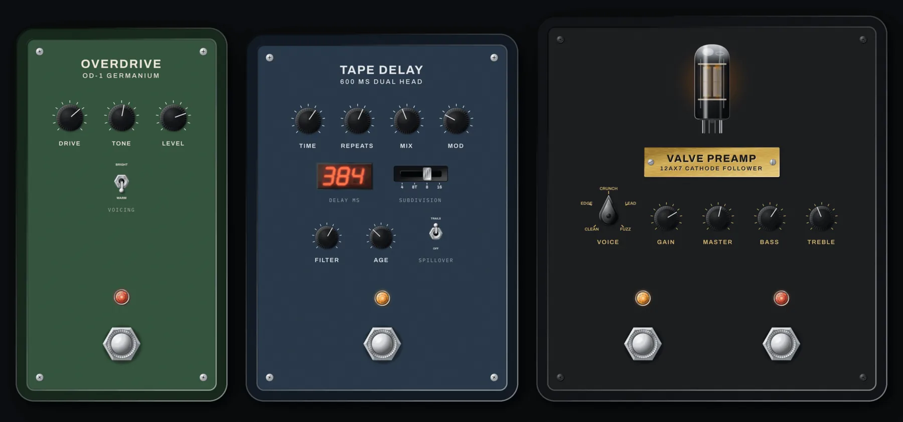 Three pedals: Stomp footswitches with their knurled rings, jewel lamps, 6.3 mm jacks in the sides, and a valve visible through a window in the preamp.