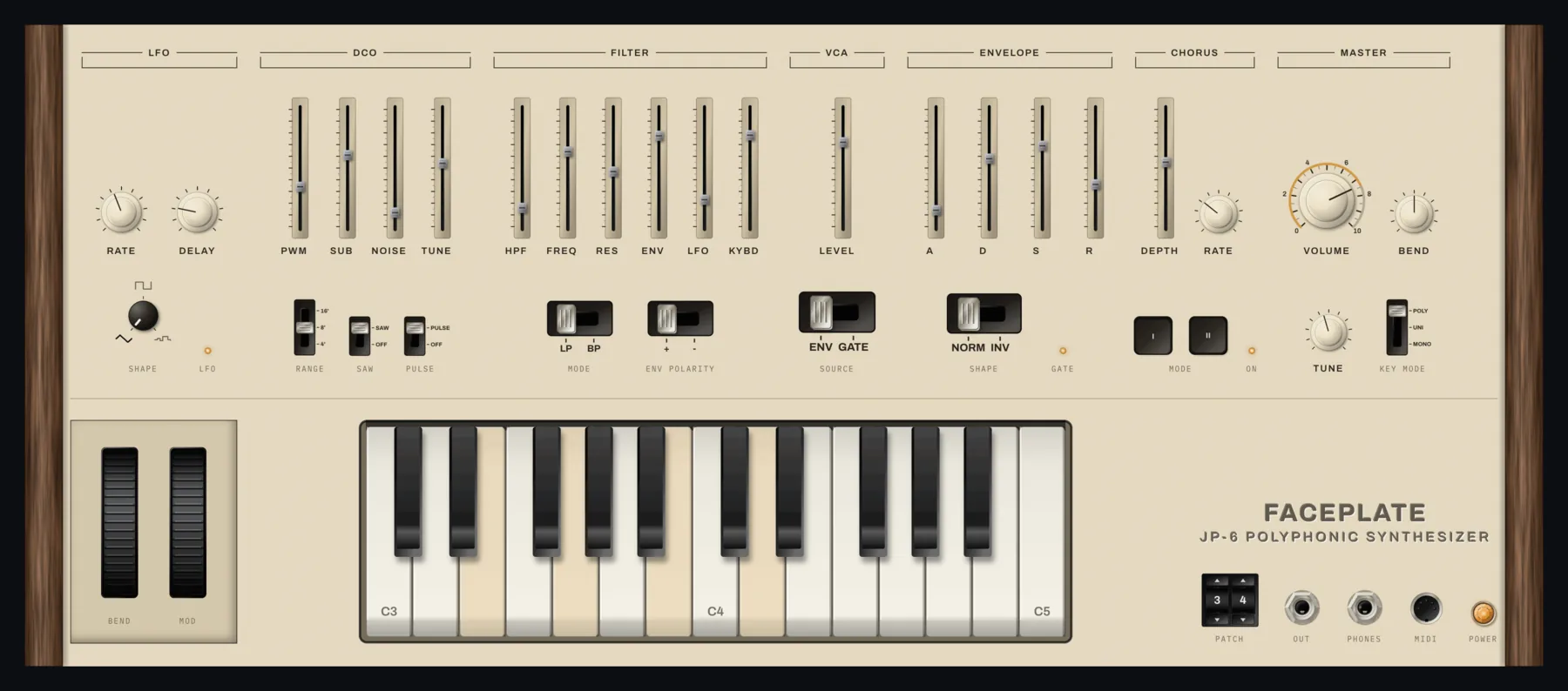 Polysynth panel: Wooden cheeks, silkscreen section brackets, sliders and knobs in labelled groups, bend and modulation wheels, and a keybed along the bottom.