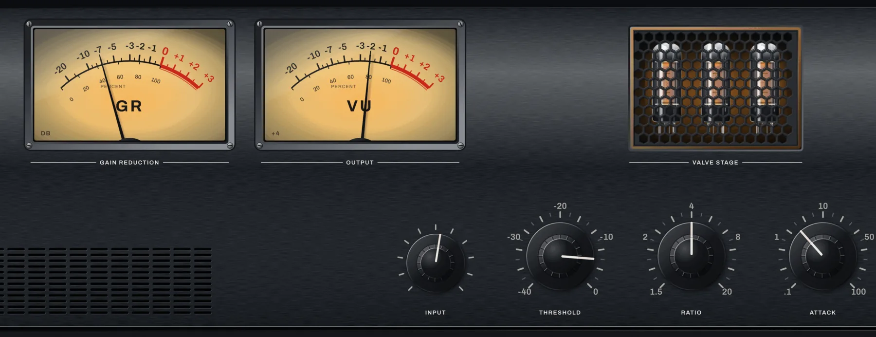 A close crop of the compressor in the rack: the backlit VU pair, the valve window with the heaters lit, and two skirted knobs