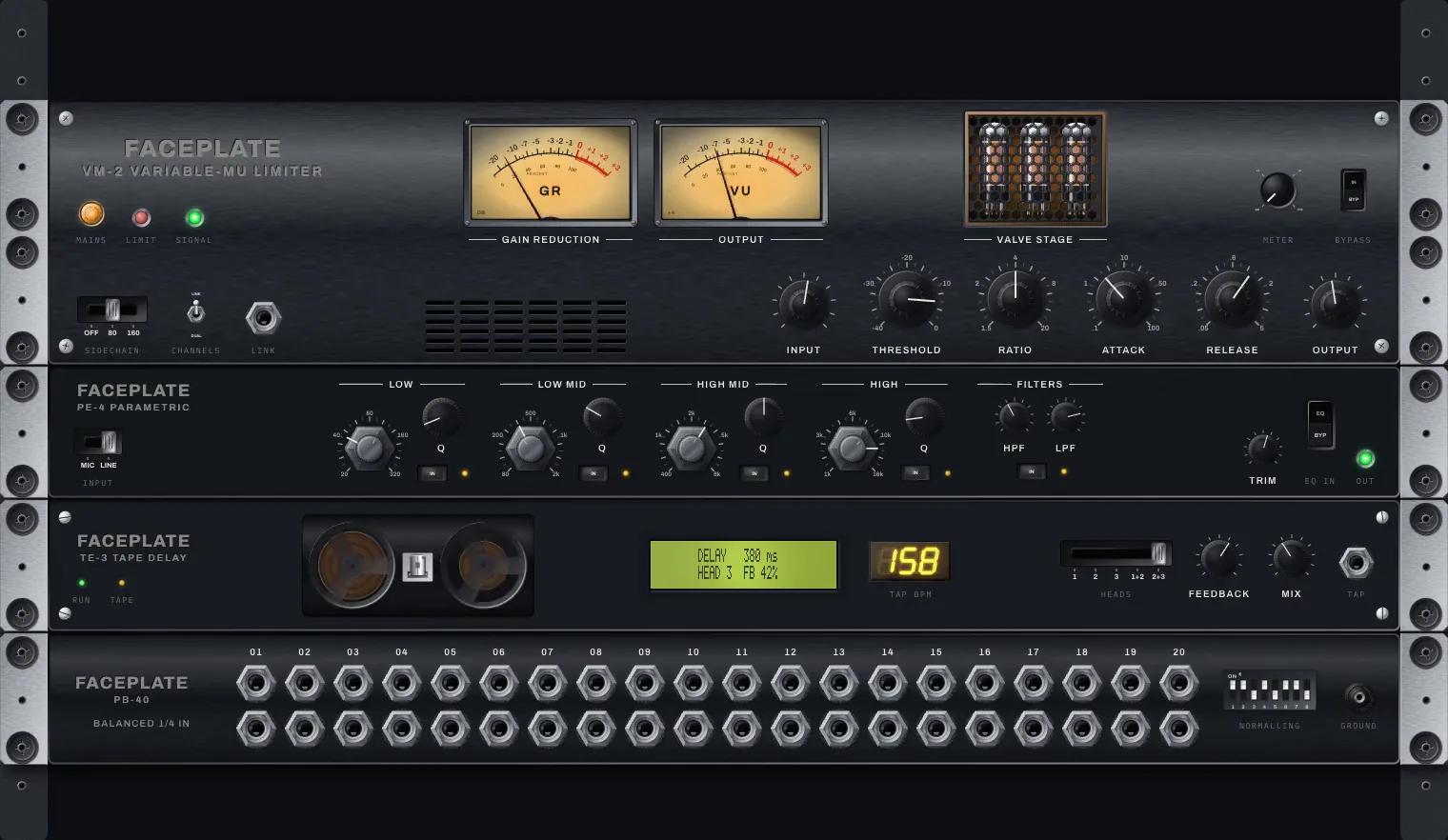 A 19-inch rack of four units built from Faceplate components, running: VU needles riding the level, valves glowing behind a grille, a delay display counting
