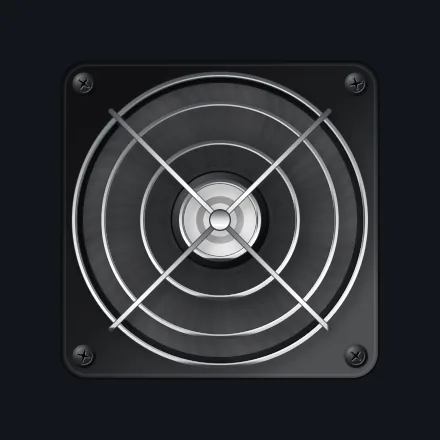 fp-fan: Spins up, blurs into a disc, coasts down