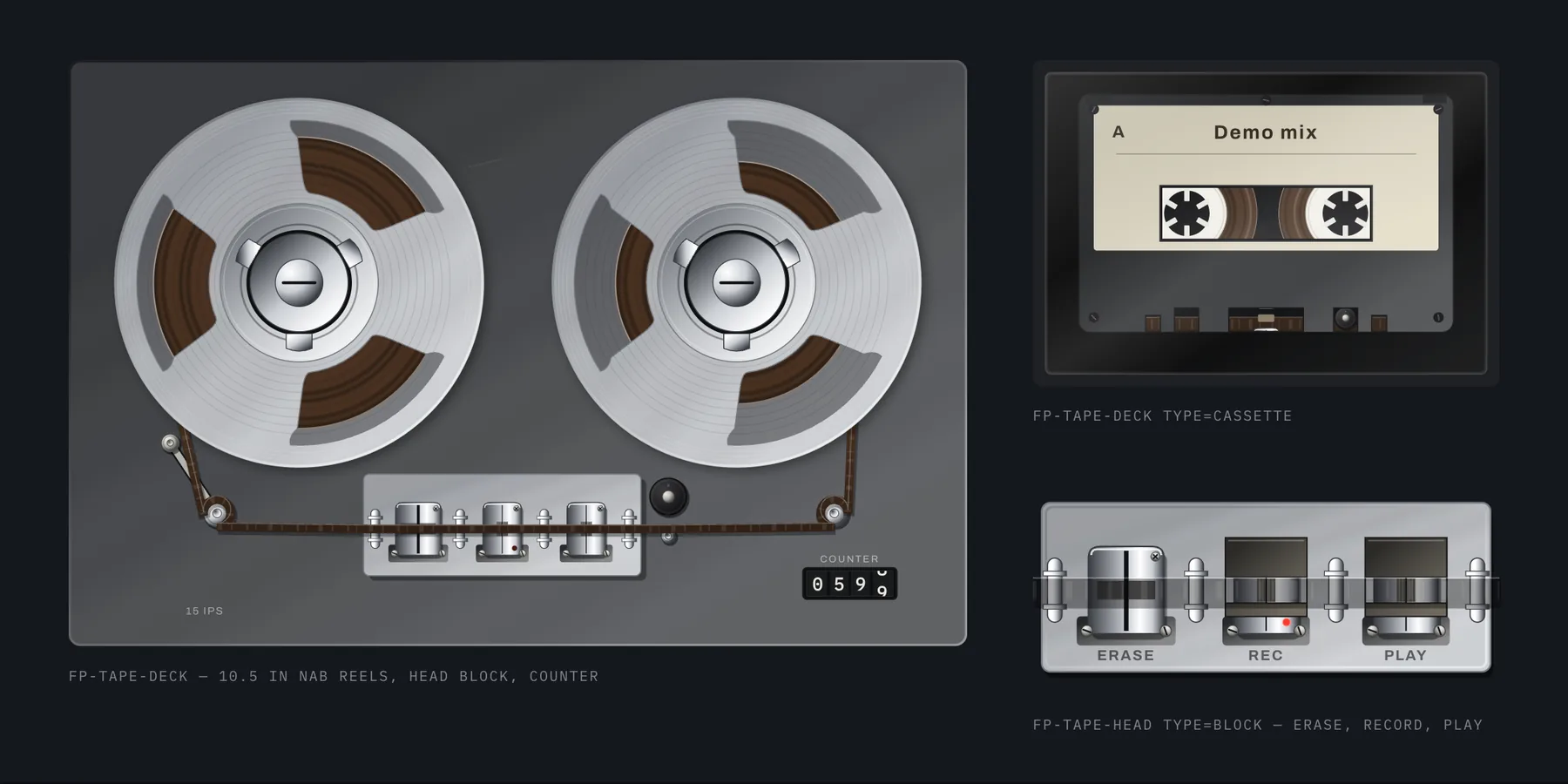 A reel-to-reel transport with both reels loaded, the head block between them and the tape running across the heads, beside a cassette