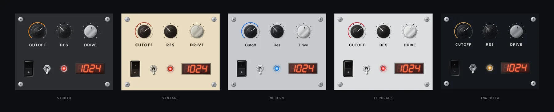 The same cluster of knobs, a switch, an LED and a display shown under five themes: studio, vintage, modern, eurorack and the Innertia palette