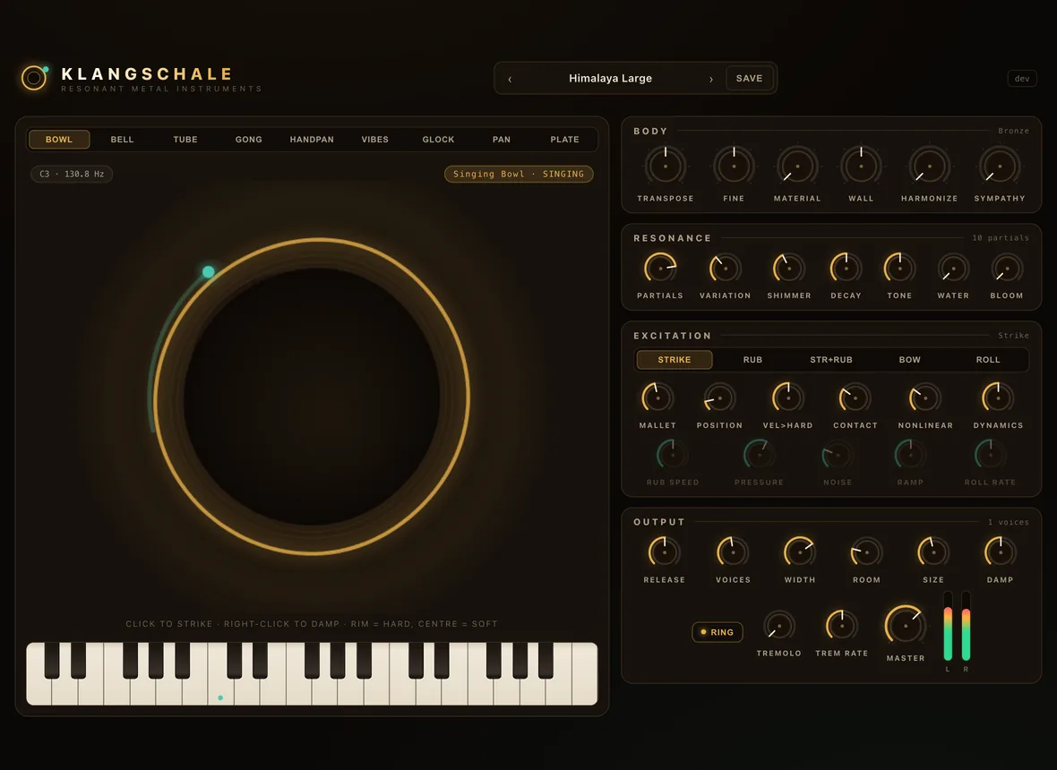 Klangschale playing a singing bowl: the live resonator with its orbiting puja, the nine instrument tabs, and the body, resonance, excitation and output panels