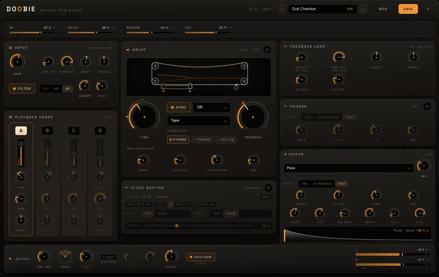 The Doobie interface: the tape transport with its reels and head block, four playback head faders, the delay and filter sections, and the reverb panel