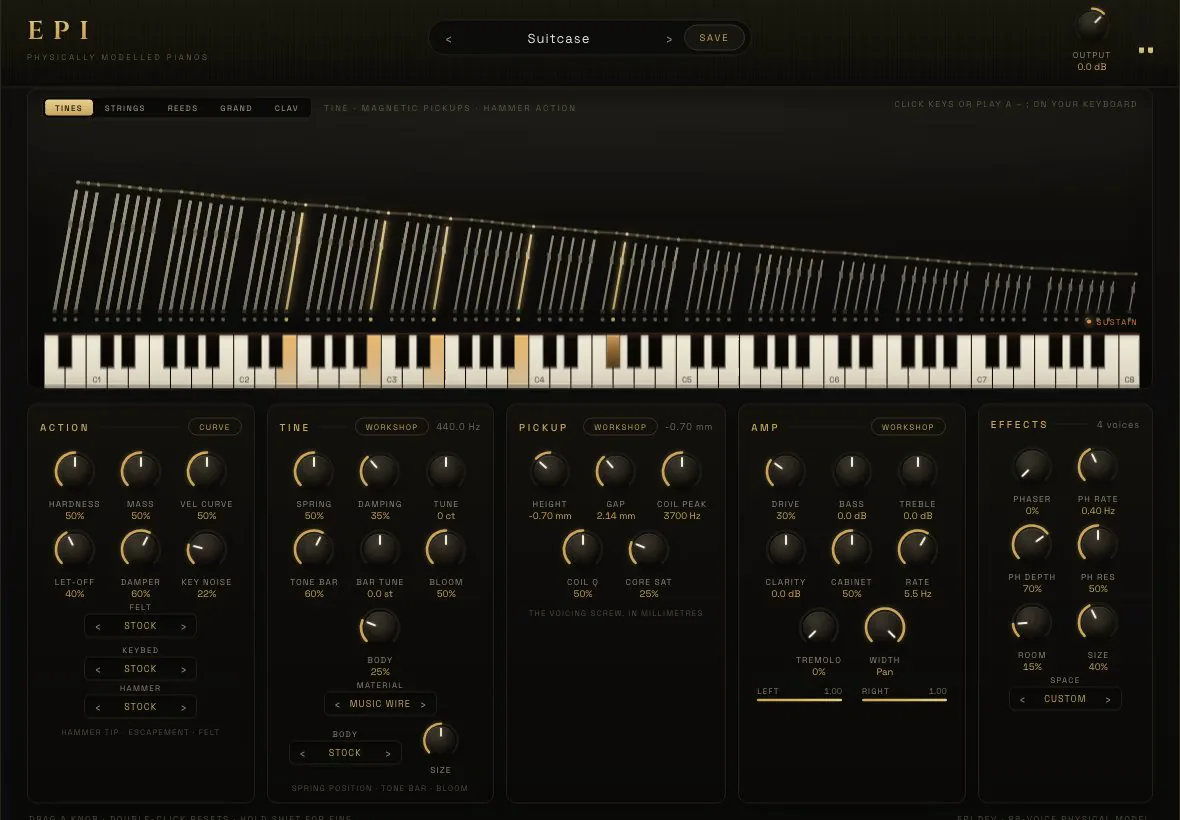 Epi playing the tine piano: the drawn keyboard, the string bank above it, and the action, tine, pickup and amp sections